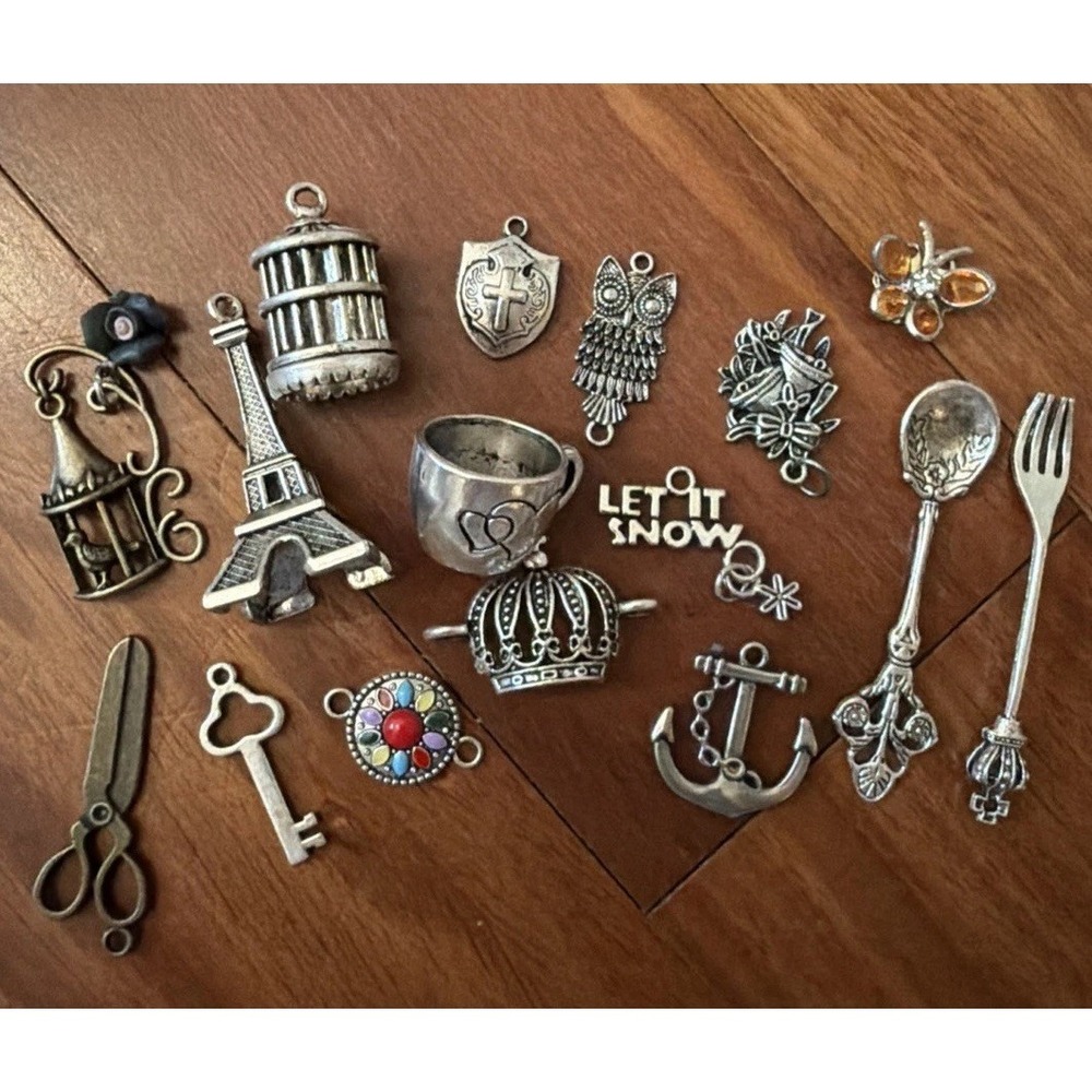 Vintage Mini Charm Lot Miscellaneous Eiffel Tower Teacup Scissors Anchor 16pcs